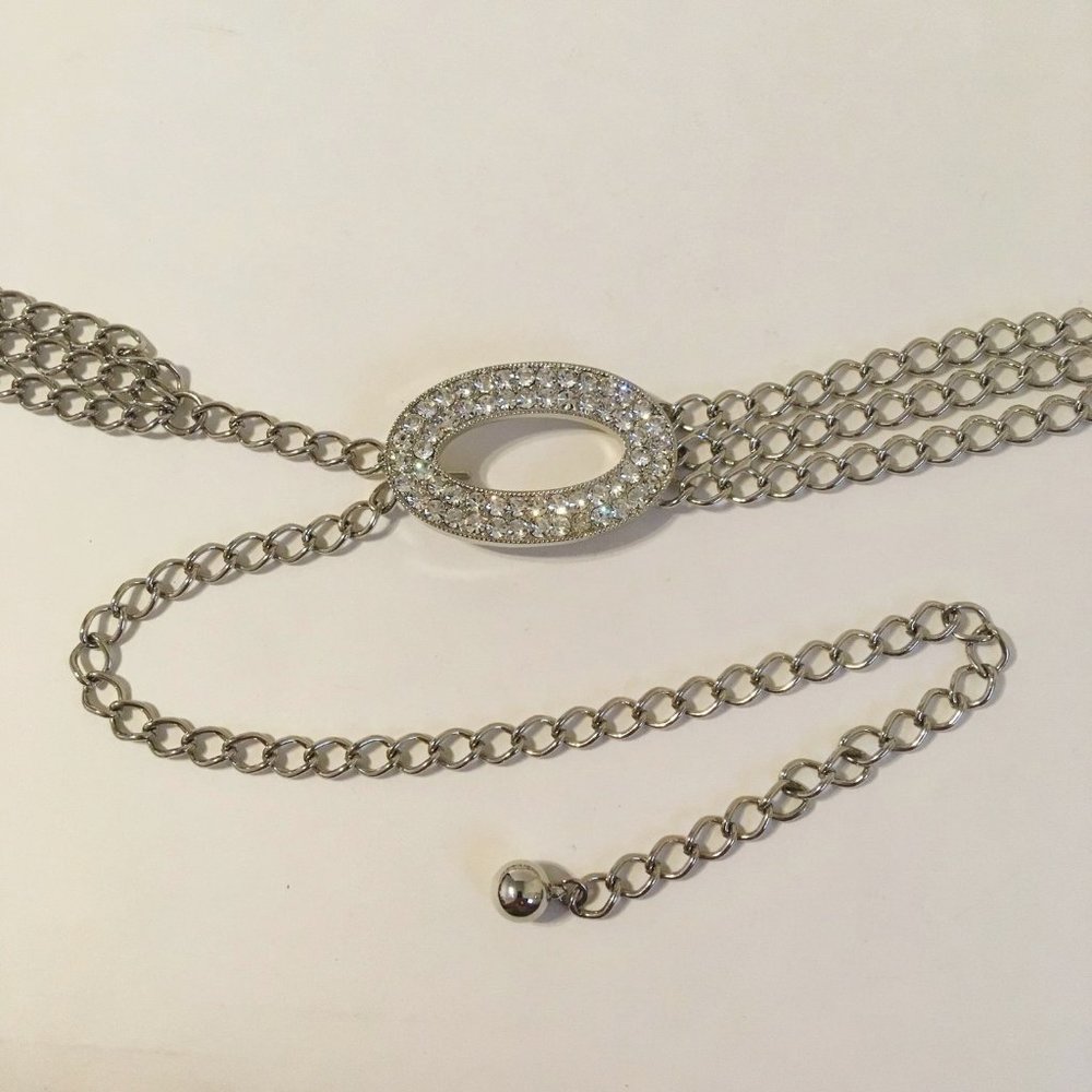 Oval Rhinestone Belt Buckle Silver Tone Metal Adjustable 3 Layer Link Chain